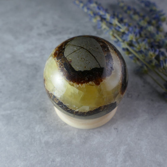 Dumi's Crystals Mini Septarian Sphere (4.5cm, 128g) - Ancient Earth energy on-the-go! Golden calcite, aragonite & limestone in captivating patterns for grounding & well-being.  