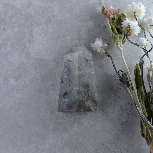 Dumi's Crystals Garden Quartz Tower (5.7cm) - Focused Energy! Slender tower (3cm x 2cm, 46g) with captivating inclusions channels crystal power. 