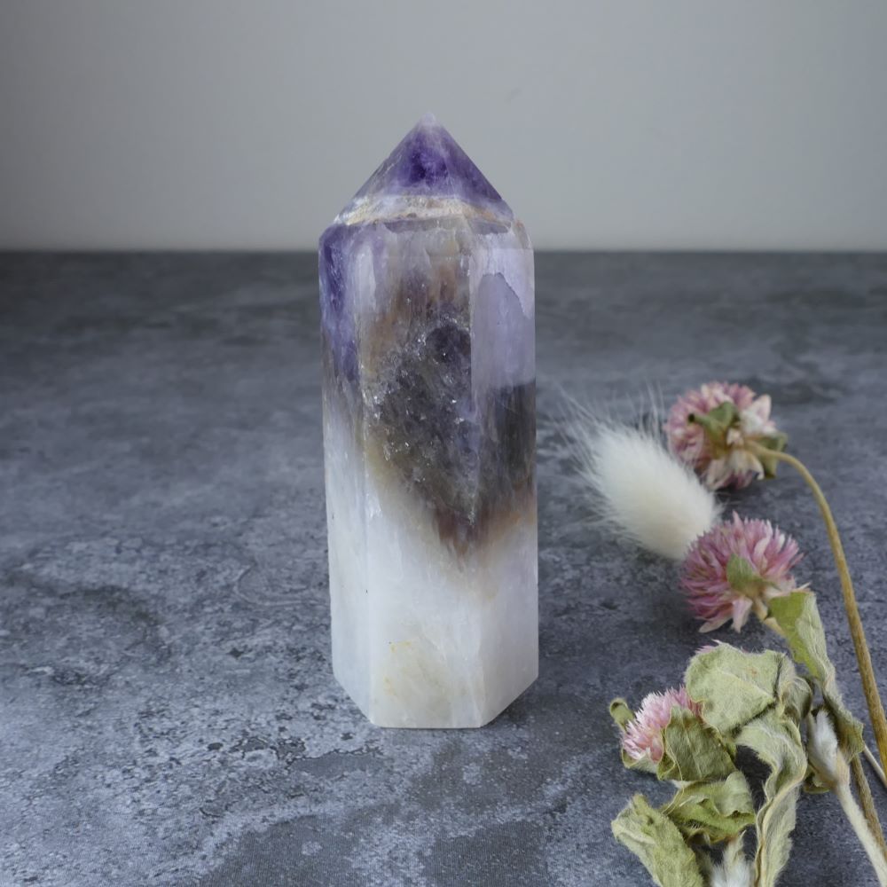 Spark Spiritual Awakening (Amethyst, Smoky Quartz, White Quartz): Dumi's Crystals Trinity Tower (7.9cm x 2.9cm x 2.9cm). Fosters inner peace & well-being.