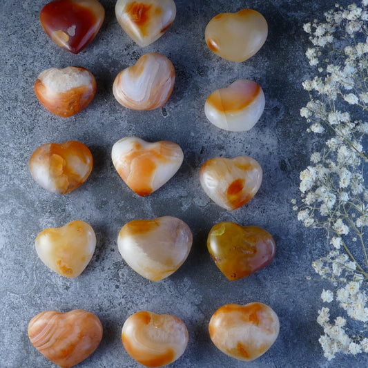 Dumi's Crystals Carnelian Puffy Hearts (2.5-3cm, 10-20g) - Ignite your fire! Smooth, polished Carnelian hearts promote energy, motivation & vitality. Perfect for on-the-go or crystal rituals. 