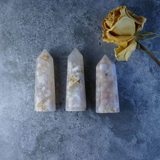 Dumi's Crystals: Flower Agate Tower (Choose Size/Weight). Growth, Creativity & Peace. Delicate floral patterns, calming energy (Multiple towers available).