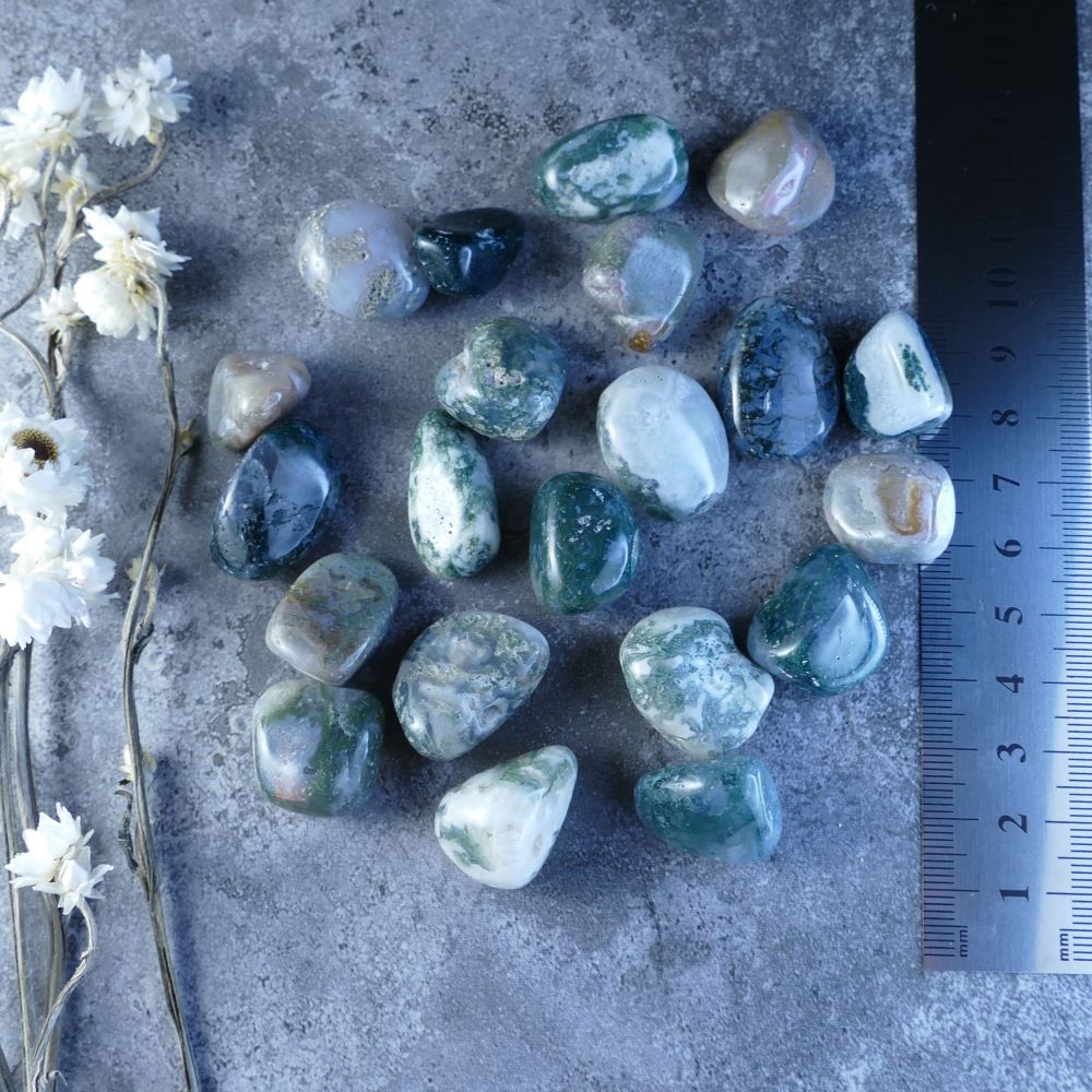 Natural Moss Agate Tumbles - Dumi's Crystals - Unleash the tranquility of nature! These moss-like stones (1.5-2cm) promote emotional balance and a deeper connection with the earth. A perfect addition to your crystal collection. 