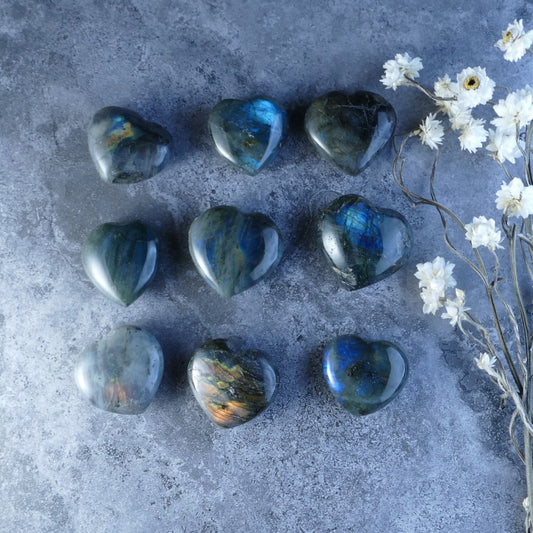 Dumi's Crystals Labradorite Hearts (3-4cm, 20-40g) - Transformation & Beauty! Captivating labradorescence in polished stones promotes intuition and protection.