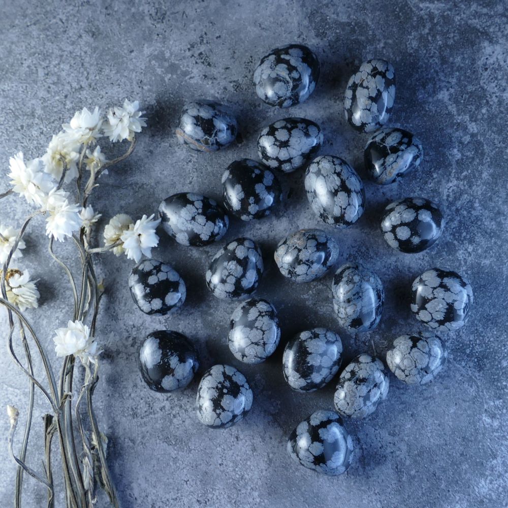 Dumi's Crystals - Snowflake Obsidian Tumbles - Beauty & Healing! Black with white snowflake inclusions (1.5-2.5cm). Promotes balance, protection, and growth (5-10g or 10-15g). 