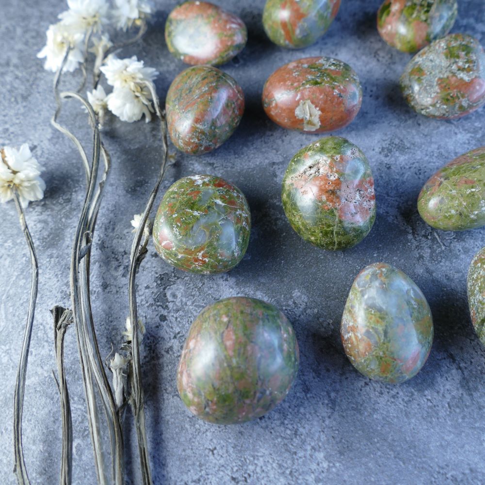 Unakite Crystal Tumbles - Embrace nurturing energy! Dumi's Crystals offers unique stones (2-3cm, 10-20g) in shades of green, pink, and peach. Ideal for meditation, crystal healing, or emotional balance.  