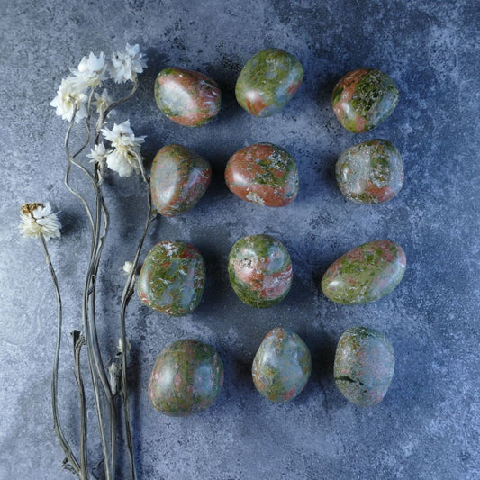 Dumi's Crystals - Unakite Tumbled Stones - Nature's beauty for balance! Green, pink, and peach stones (2-3cm, 10-20g) promote emotional well-being. Perfect for meditation, carrying, or crystal grids.