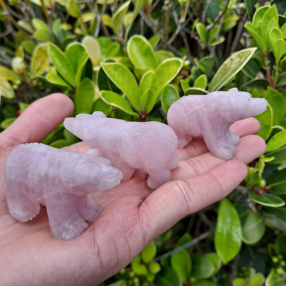 Dumi's Crystals | Rose Quartz Mini Bear Carving (Pocketful of Positivity): A close-up of Rose Quartz Mini Bear Carvings nestled in a hand. Rose Quartz, the "Stone of Love," fosters positive energy & strengthens relationships. These charming bears bring a touch of love wherever they go. Ethically sourced crystals from Dumi's Crystals.