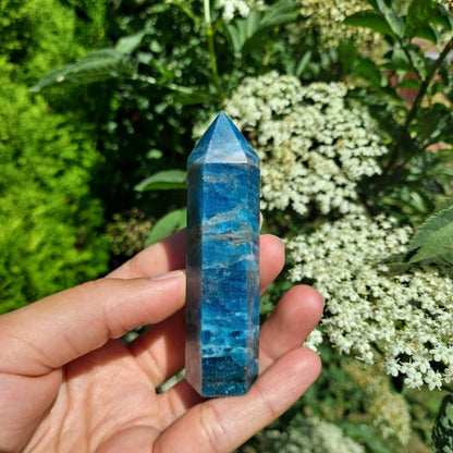 Dumi's Crystals Blue Apatite Tower. Featuring stunning shades of blue and intricate patterns, this crystal promotes communication, creativity, and self-expression.