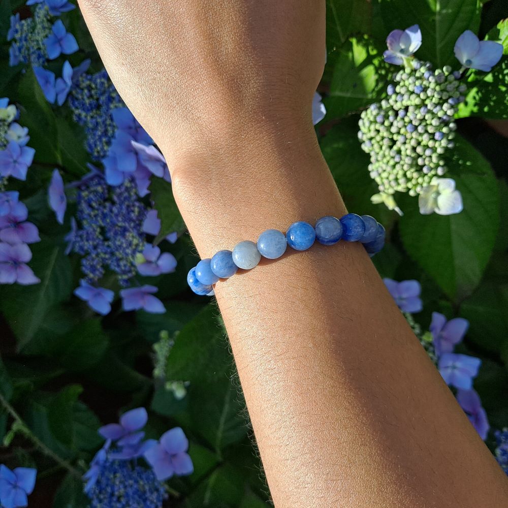 Dumi's Crystals Blue Aventurine Bracelet 7inch for Serenity & Clarity. Blue crystal bracelet promotes peace, reduces stress & enhances communication. 