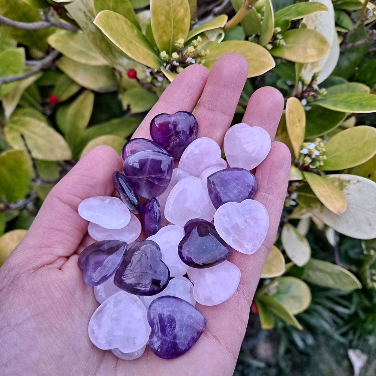 Dumi's Crystals Mini Crystal Heart Carvings (Amethyst, Clear Quartz, Rose Quartz) - Choose love, clarity, or peace! Each unique heart measures 2cm approx.