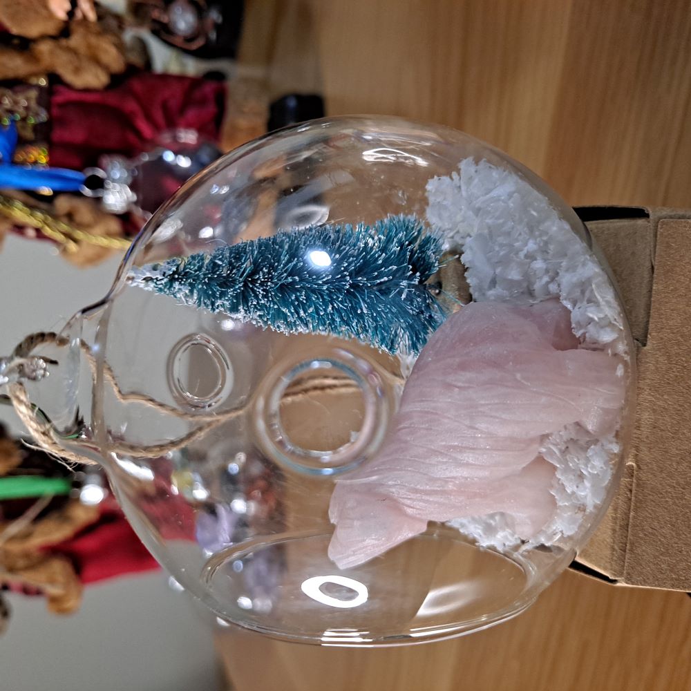 christmas landscape glass bauble with rose quartz bear and miniature christmas tree dumi's crystals