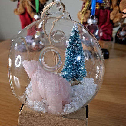 christmas landscape glass bauble with rose quartz bear and miniature christmas tree dumi's crystals