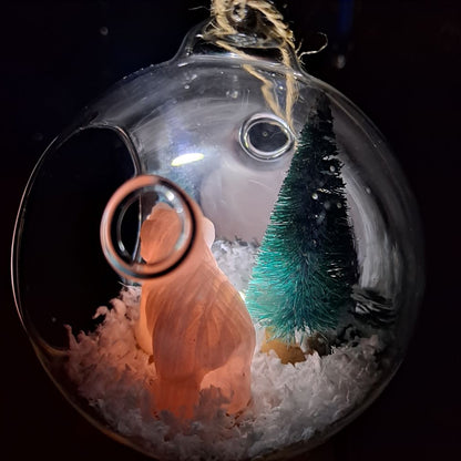 christmas landscape glass bauble with rose quartz bear and miniature christmas tree dumi's crystals