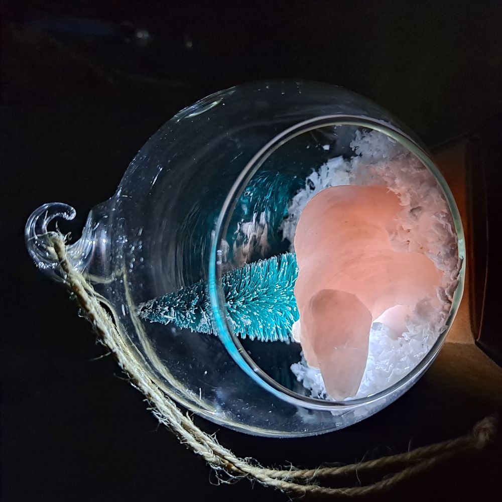 christmas landscape glass bauble with rose quartz bear and miniature christmas tree dumi's crystals