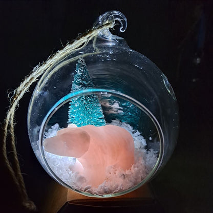 christmas landscape glass bauble with rose quartz bear and miniature christmas tree dumi's crystals