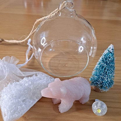 christmas landscape glass bauble with rose quartz bear and miniature christmas tree dumi's crystals