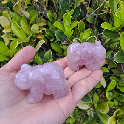 Dumi's Crystals | Rose Quartz Bear Carving (Heart Chakra Harmony):  A close-up of a Rose Quartz Bear Carving, a beacon of love and light. Rose Quartz, the "Stone of Love," promotes positive energy & strengthens relationships. This bear fosters heart chakra harmony. Ethically sourced crystals from Dumi's Crystals.