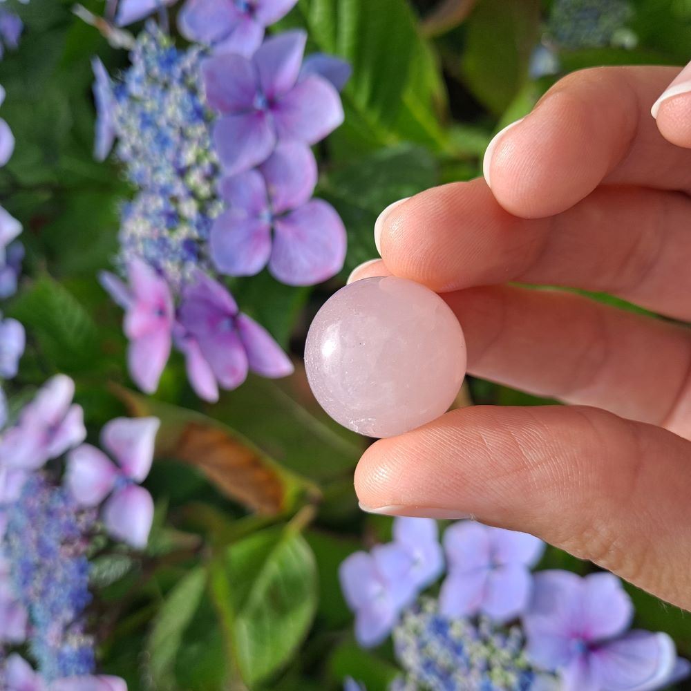 Dumi's Crystals | Rose Quartz Mini Sphere (20mm) | A close-up view of a captivating Rose Quartz Mini Sphere (20mm), showcasing its delicate pink hue and soft luster. This enchanting stone, known as the Stone of Unconditional Love, is believed to promote love, compassion, and emotional healing. It's thought to open the heart chakra, fostering self-love and deeper connections.