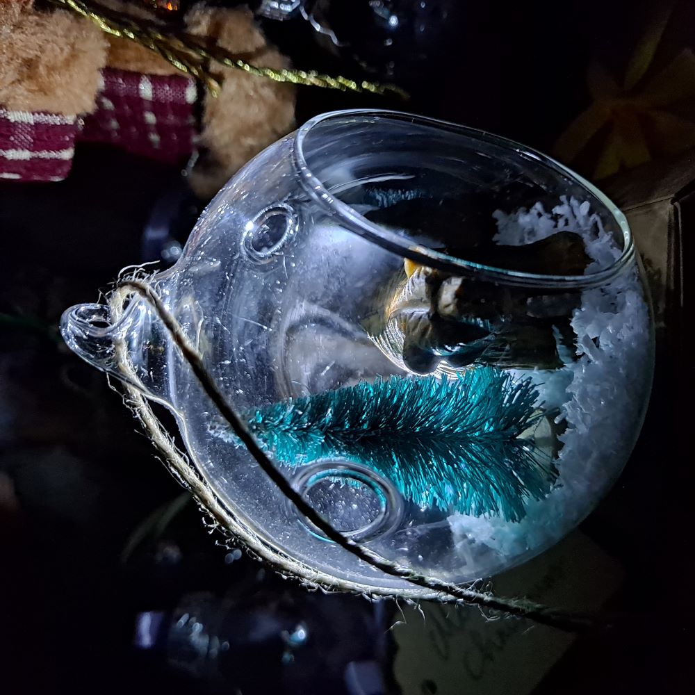 Tiger's Eye and Christmas tree open glass bauble