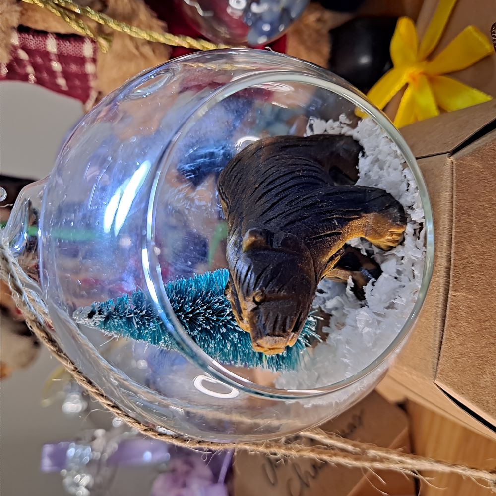 Tiger's Eye and Christmas tree open glass bauble