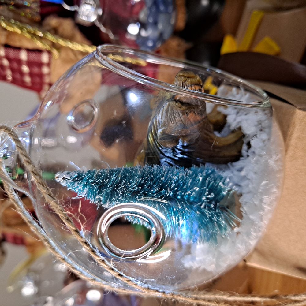 Tiger's Eye and Christmas tree open glass bauble