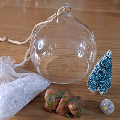 christmas landscape glass bauble with unakite bear, miniature christmas tree and artificial snow dumi's crystals