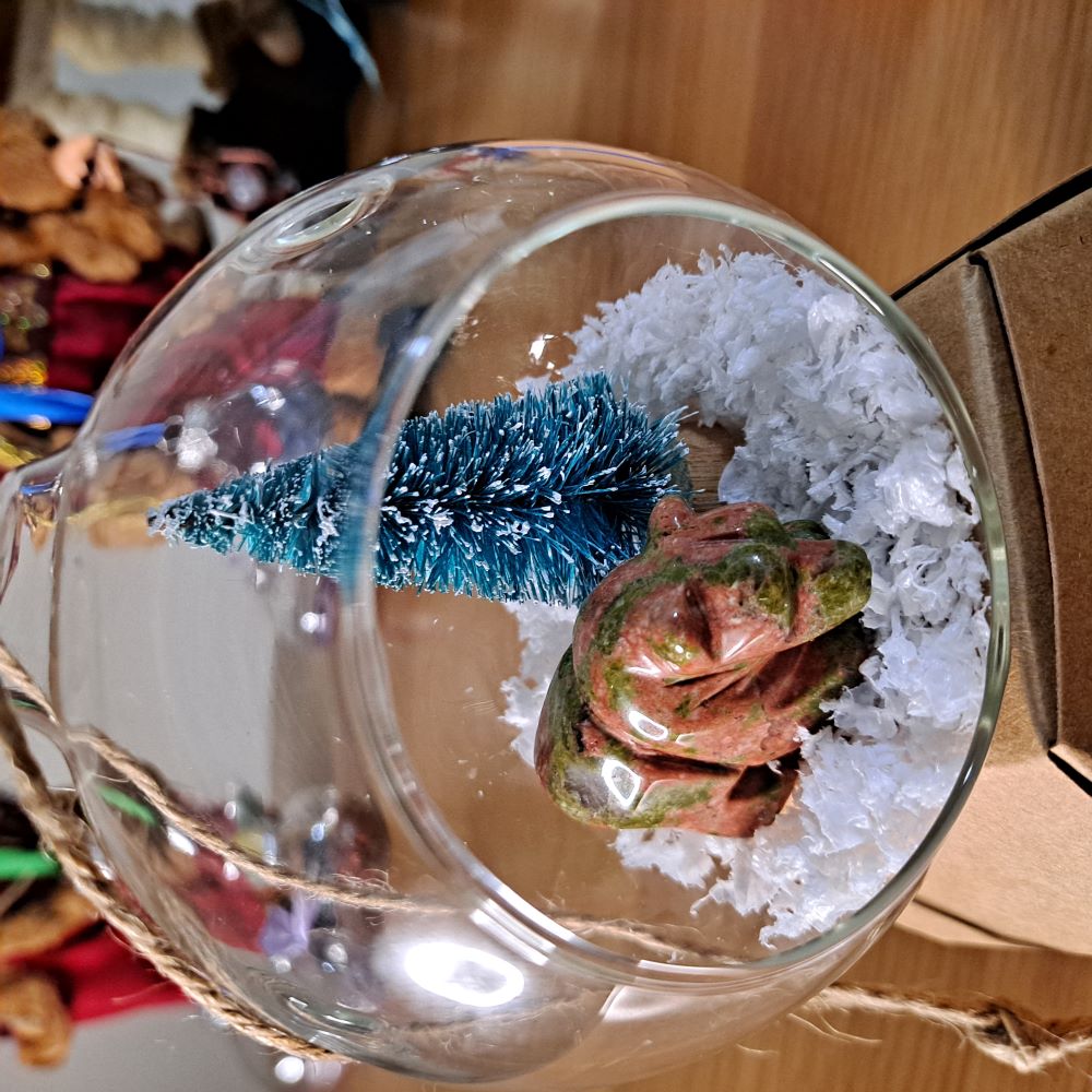 christmas landscape glass bauble with unakite bear, miniature christmas tree and artificial snow dumi's crystals